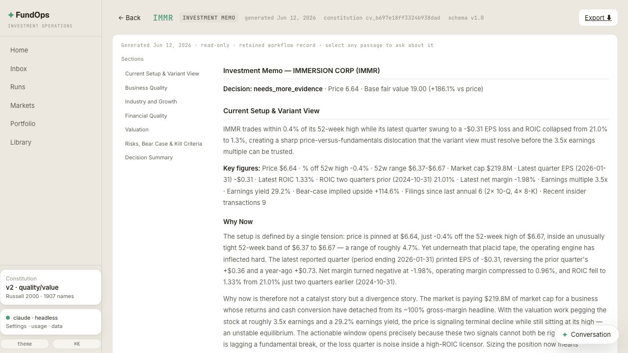 FundOps example investment memo artifact
