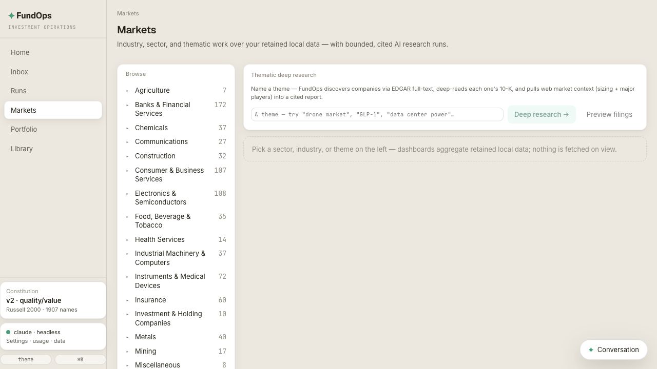 FundOps Markets page with sector browser and thematic research input