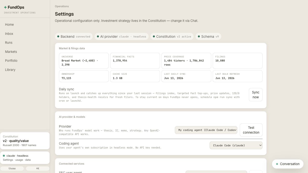 FundOps Settings page with market data status and AI provider controls