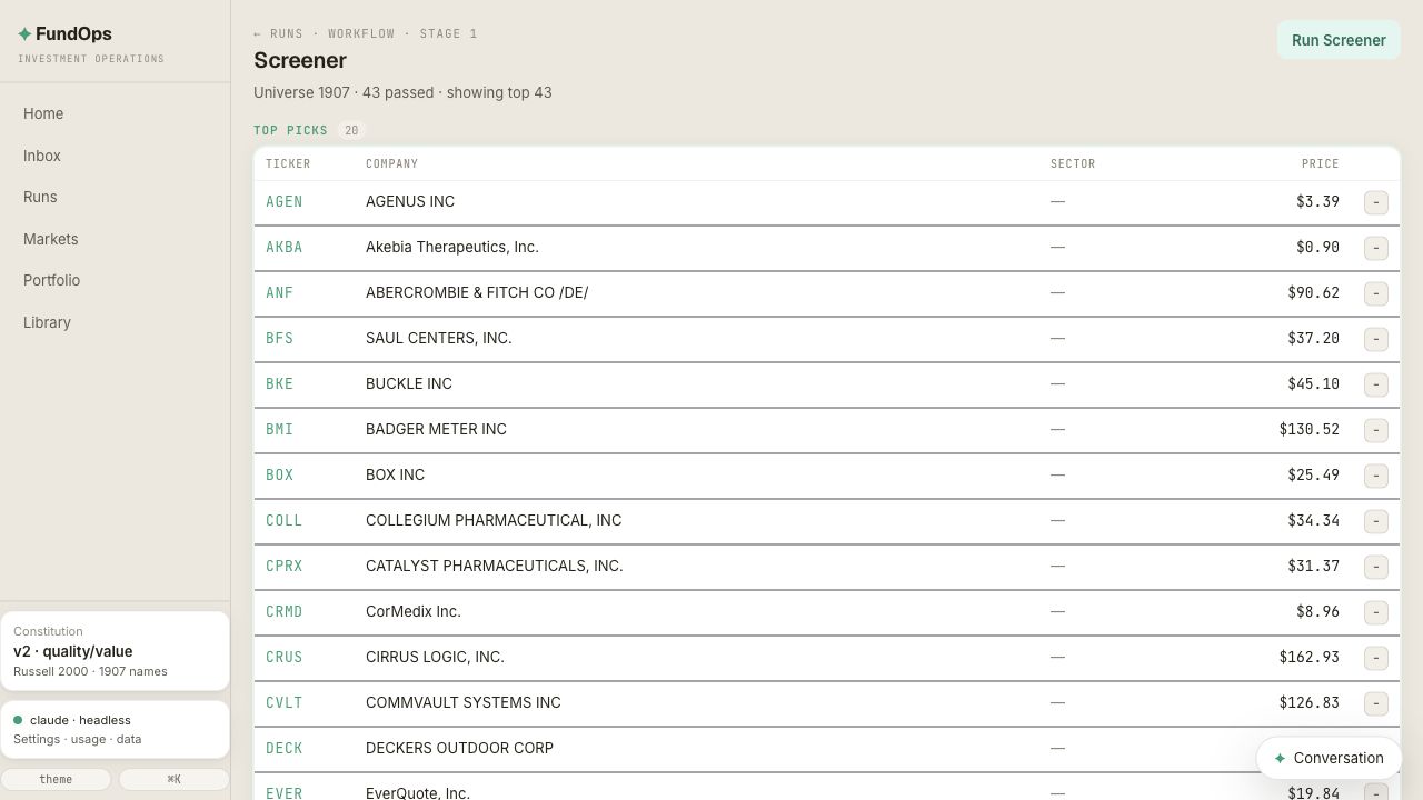 FundOps Screener results table with top picks